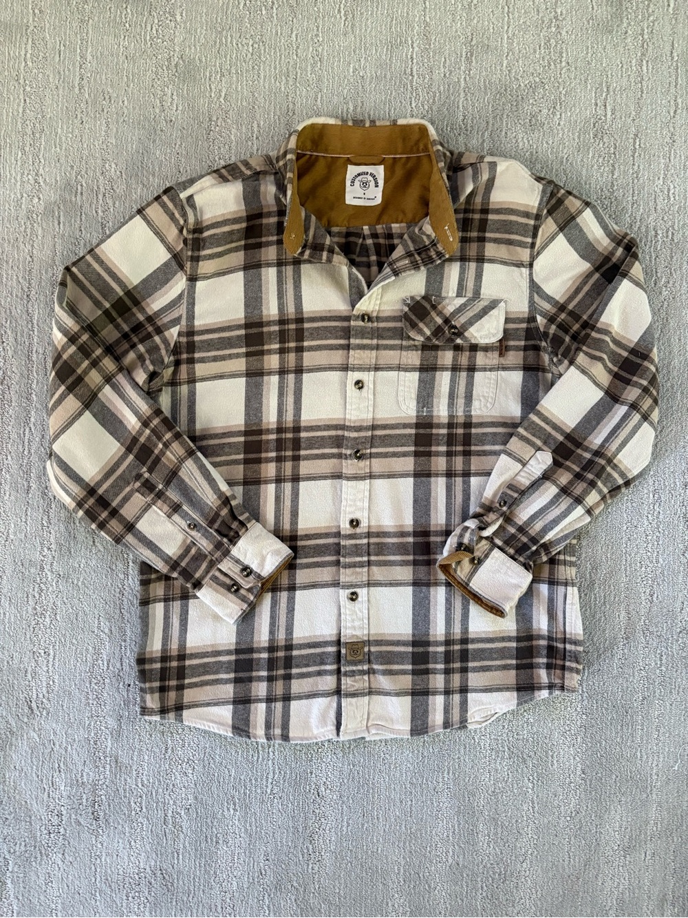 Dubinik Customized Version Plaid Flannel Shirt Corduroy Trim Brown Tan M Fall